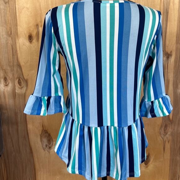 DOUBLJU Blue Striped 3/4 Sleeve Ruffle Top‎ - Picture 2 of 4